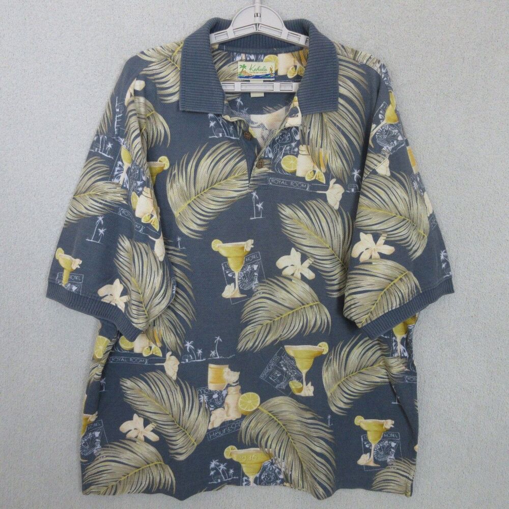 Kahala Hawaiian Islands Shirt Mens XL Tropical Polo Short Sleeve Gray Yellow